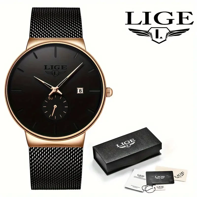 LIGE Men's Minimalist Black Quartz Watch with Rose Golden Accents