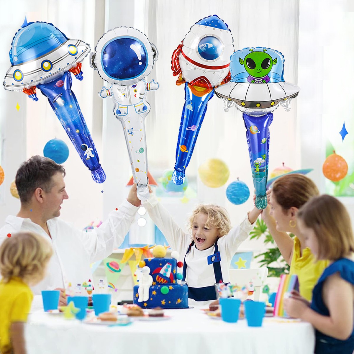 4PCS Space-Themed Astronauts and UFO Handheld Aluminum Film Balloons