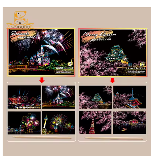 8PCS Scratch Cards Cherry Blossoms Fireworks Magic Painting Paper Art Night Scene Postcard Play Game Drawing Toy Kid Crafts Gift