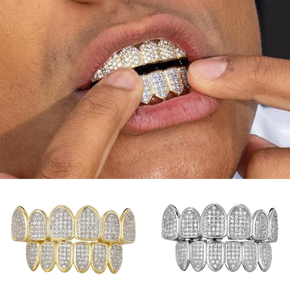 Feel Style Cool Teeth Grillz Set for Unisex – Cubic Zirconia Stone Top & Bottom Grillz,