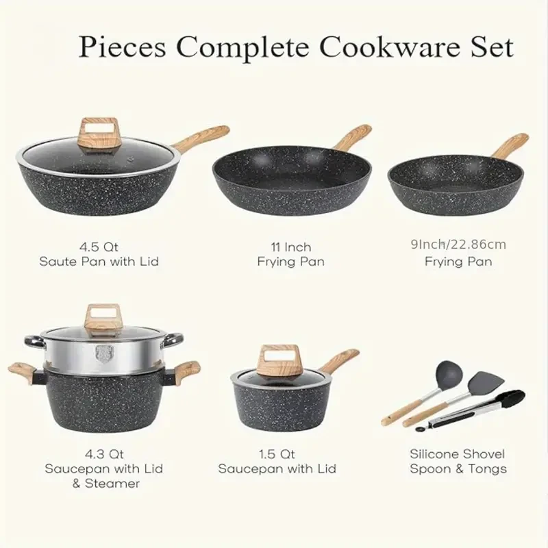 17-Piece Nonstick Cookware Set - Aluminum Kitchen Pots and Pans with Granite Coating, Frying Pans, Sauce Pans, Steamer, and Silicone Utensils