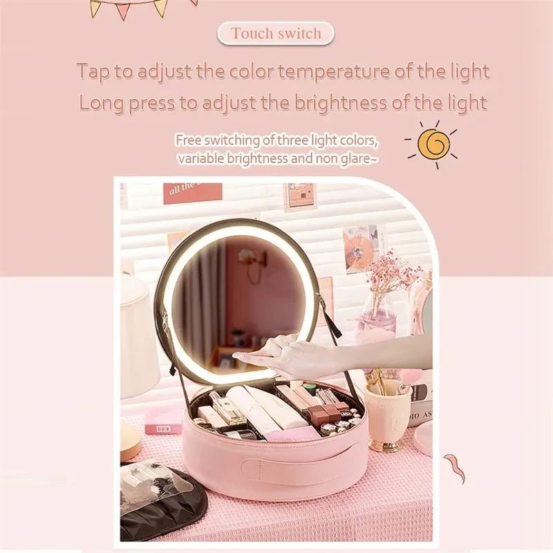 Round Smart LED Makeup Bag With Mirror Lights Women Beauty Bag Large Capacity PU Leather Travel Organizers Cosmetic Case