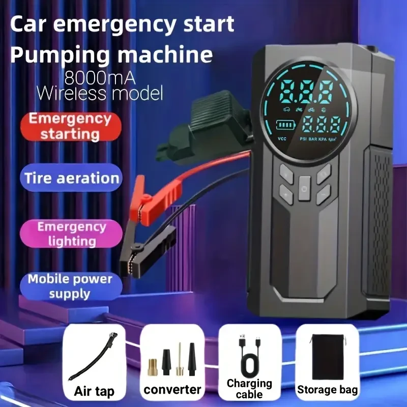 Portable Cordless Car Battery Emergency Starter with Tire Air Pump, Air Compressor, LED Display, Flashlight, and Mobile Power Supply - USB Charged Lithium Battery