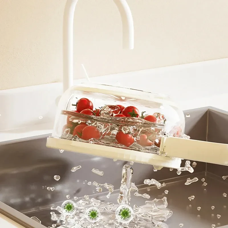 Fruit Drain Basket With Lid Vegetable Washing Bowl Foldable Handle Cleaning Colander