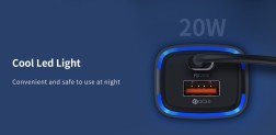 Car Charger, Double Port Output, PD 20W and QC3.0, Recci Brand.