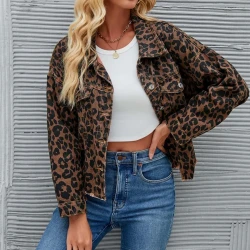 Animal Print Frayed Button Short Denim Coat