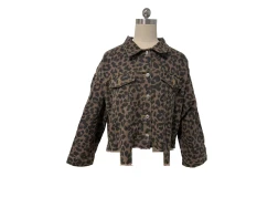 Animal Print Frayed Button Short Denim Coat