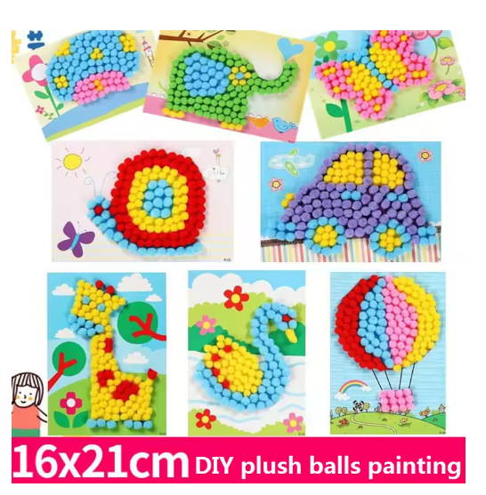 2 Pcs/Set Kids Plush Ball Painting Stickers Creative DIY Handmade Material Educational Toys Children Cartoon Puzzles Crafts Toy
