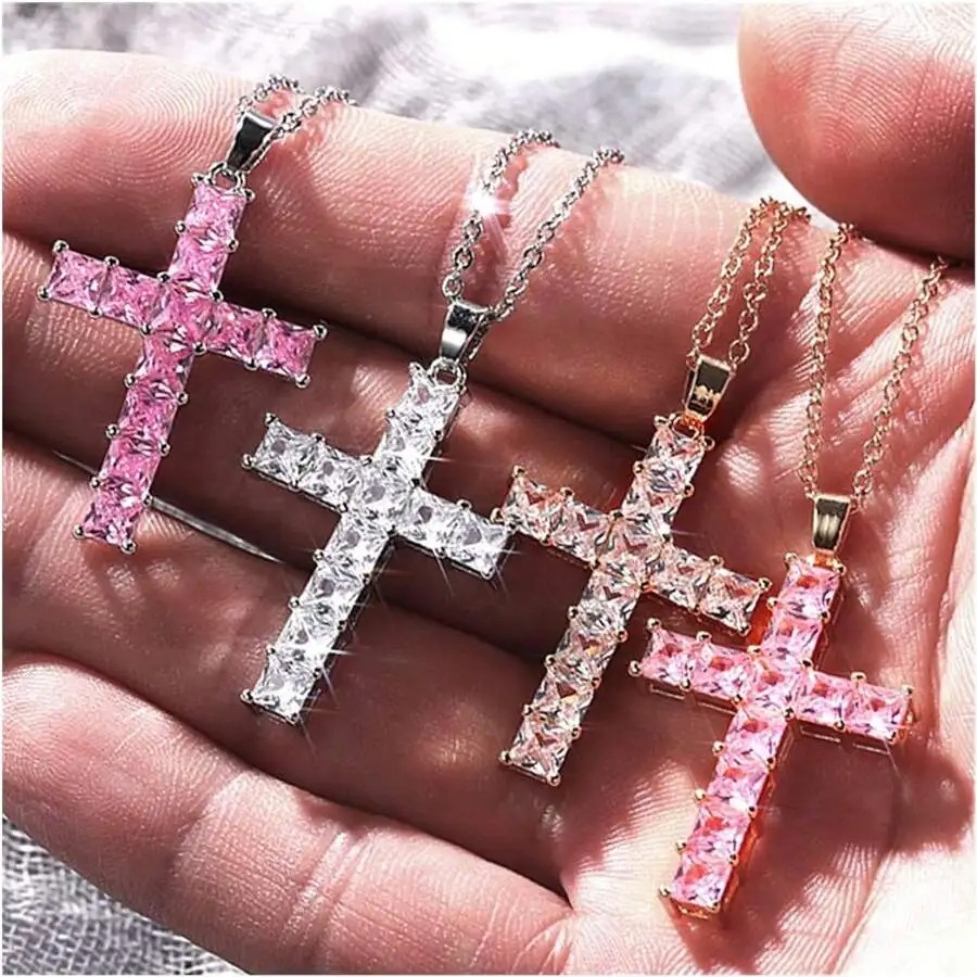 New Fashion Necklaces for Women – Gold Multi-Color Crystal Jesus Cross Pendant Necklace