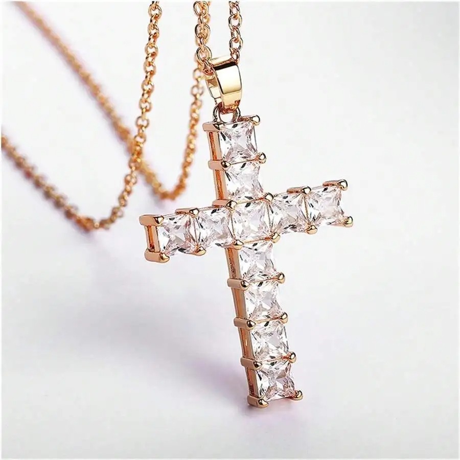 New Fashion Necklaces for Women – Gold Multi-Color Crystal Jesus Cross Pendant Necklace