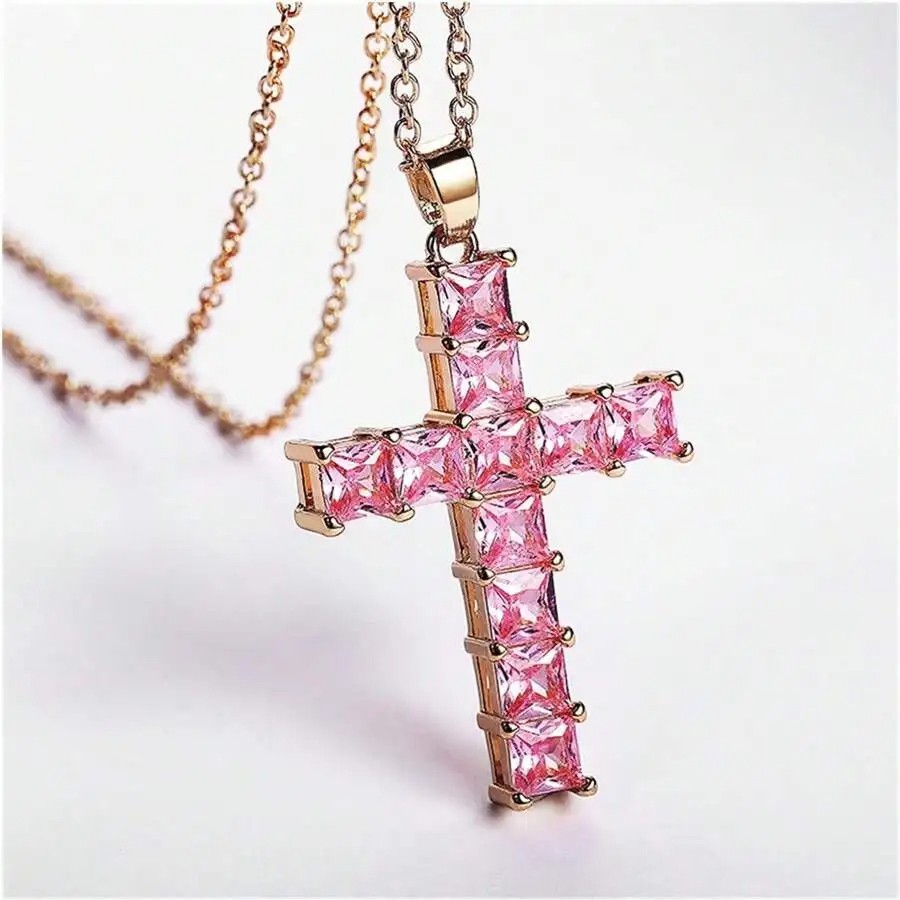 New Fashion Necklaces for Women – Gold Multi-Color Crystal Jesus Cross Pendant Necklace