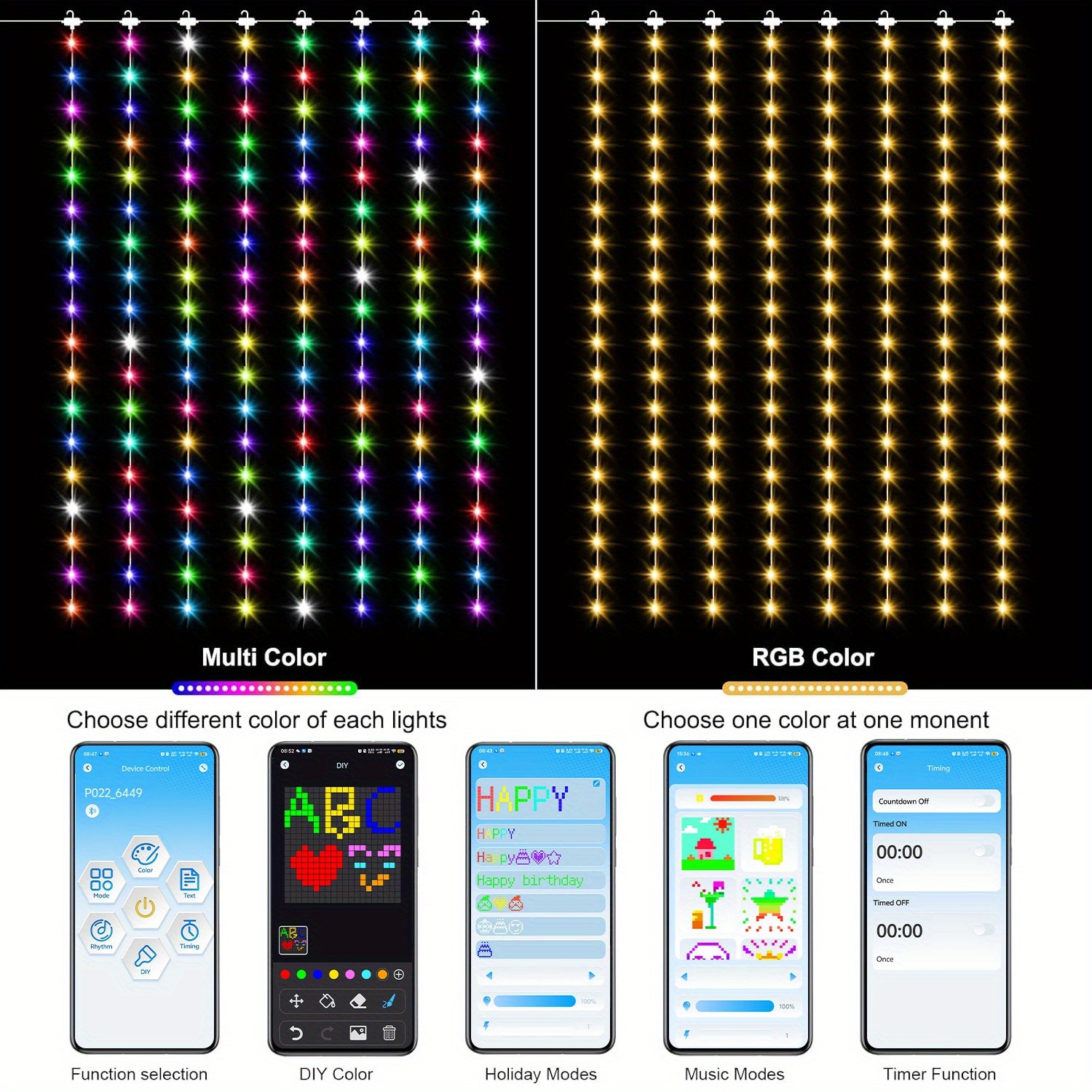 RGB Curtain Lights – App Controlled Curtain Lights, 400 LEDs, DIY Programmable Light String for Bedroom Decoration, Color Changing Lights, Dynamic Patterns, Letters, Numbers, Music Rhythm LED Light String for Christmas Wedding Party Yard (6.6 x 6.6 ft)