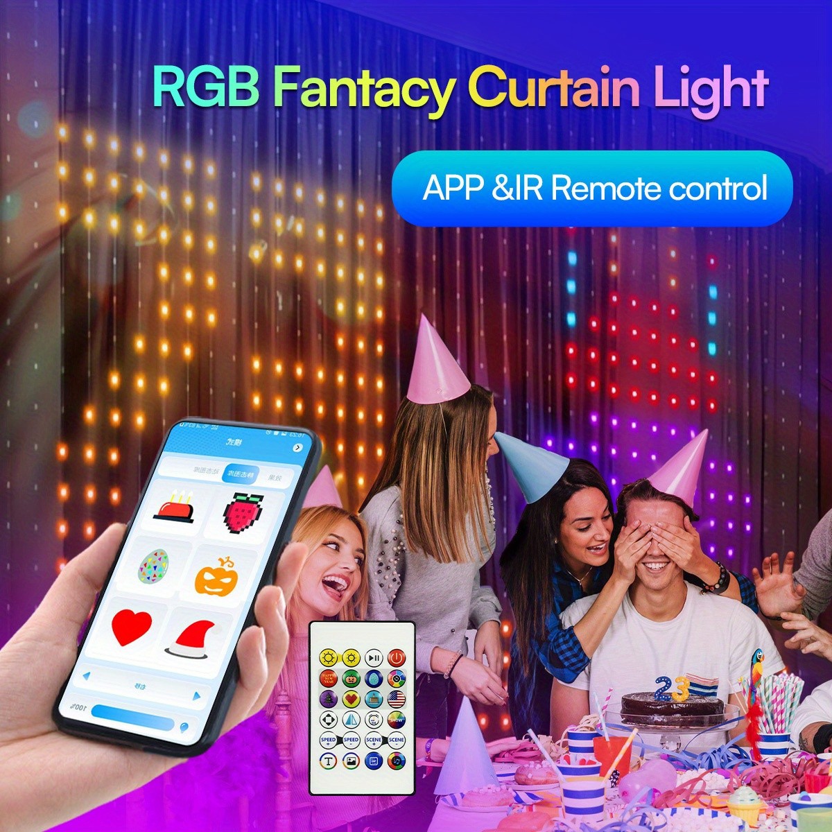 RGB Curtain Lights – App Controlled Curtain Lights, 400 LEDs, DIY Programmable Light String for Bedroom Decoration, Color Changing Lights, Dynamic Patterns, Letters, Numbers, Music Rhythm LED Light String for Christmas Wedding Party Yard (6.6 x 6.6 ft)