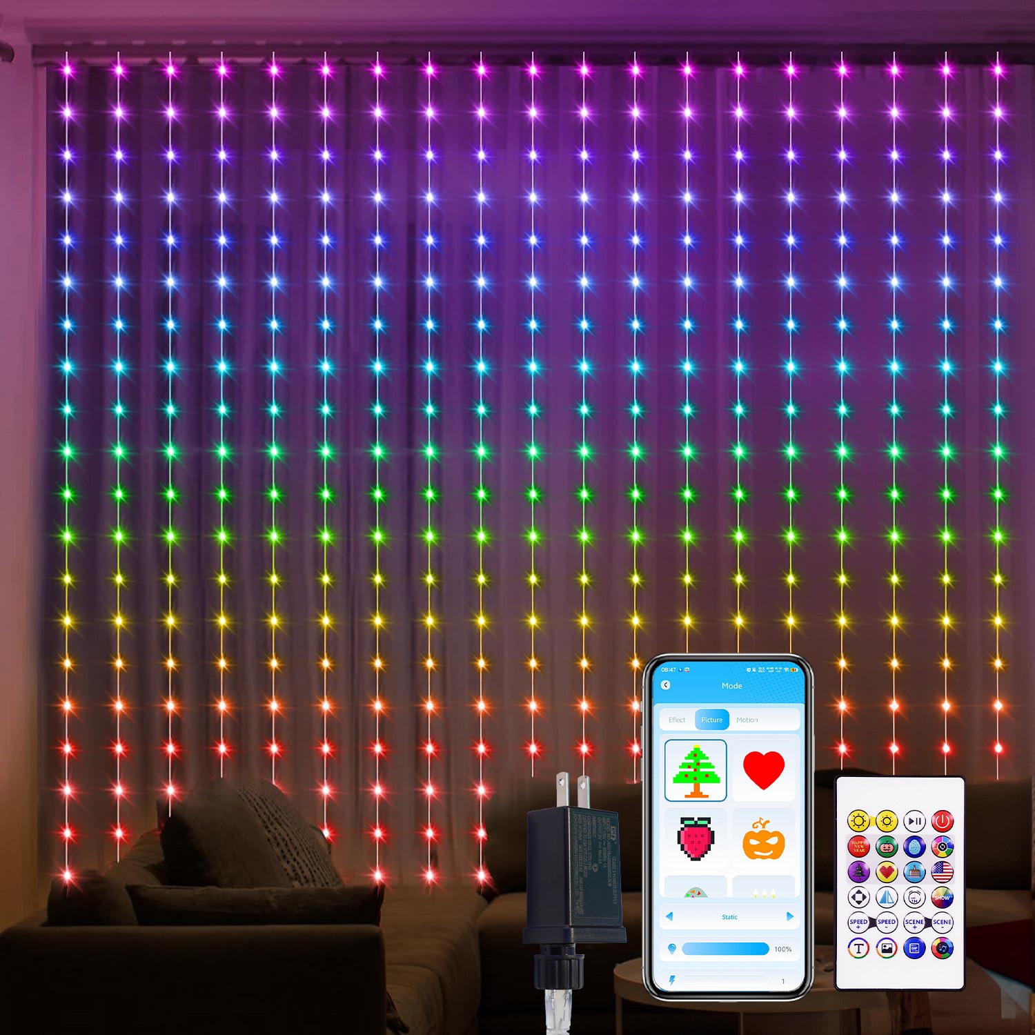RGB Curtain Lights – App Controlled Curtain Lights, 400 LEDs, DIY Programmable Light String for Bedroom Decoration, Color Changing Lights, Dynamic Patterns, Letters, Numbers, Music Rhythm LED Light String for Christmas Wedding Party Yard (6.6 x 6.6 ft)