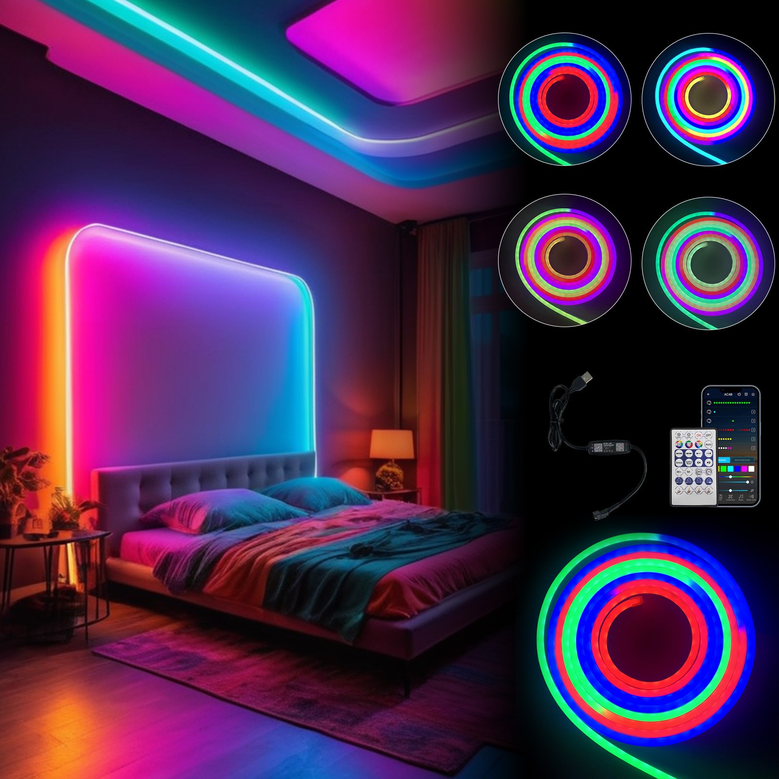 2pcs LED Lights for Bedroom – Smart RGB LED Light Strips with Color Change, USB Plug-in, APP Control, Flexible DIY Design, Suitable for Bedroom, Living Room, Gaming, Party Decoration