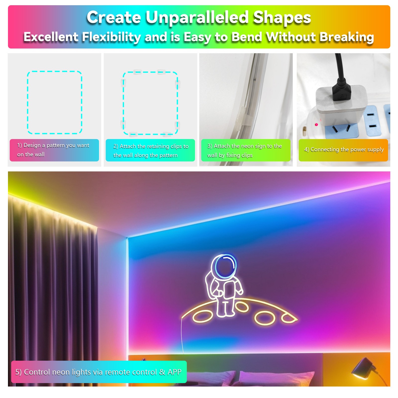 2pcs LED Lights for Bedroom – Smart RGB LED Light Strips with Color Change, USB Plug-in, APP Control, Flexible DIY Design, Suitable for Bedroom, Living Room, Gaming, Party Decoration