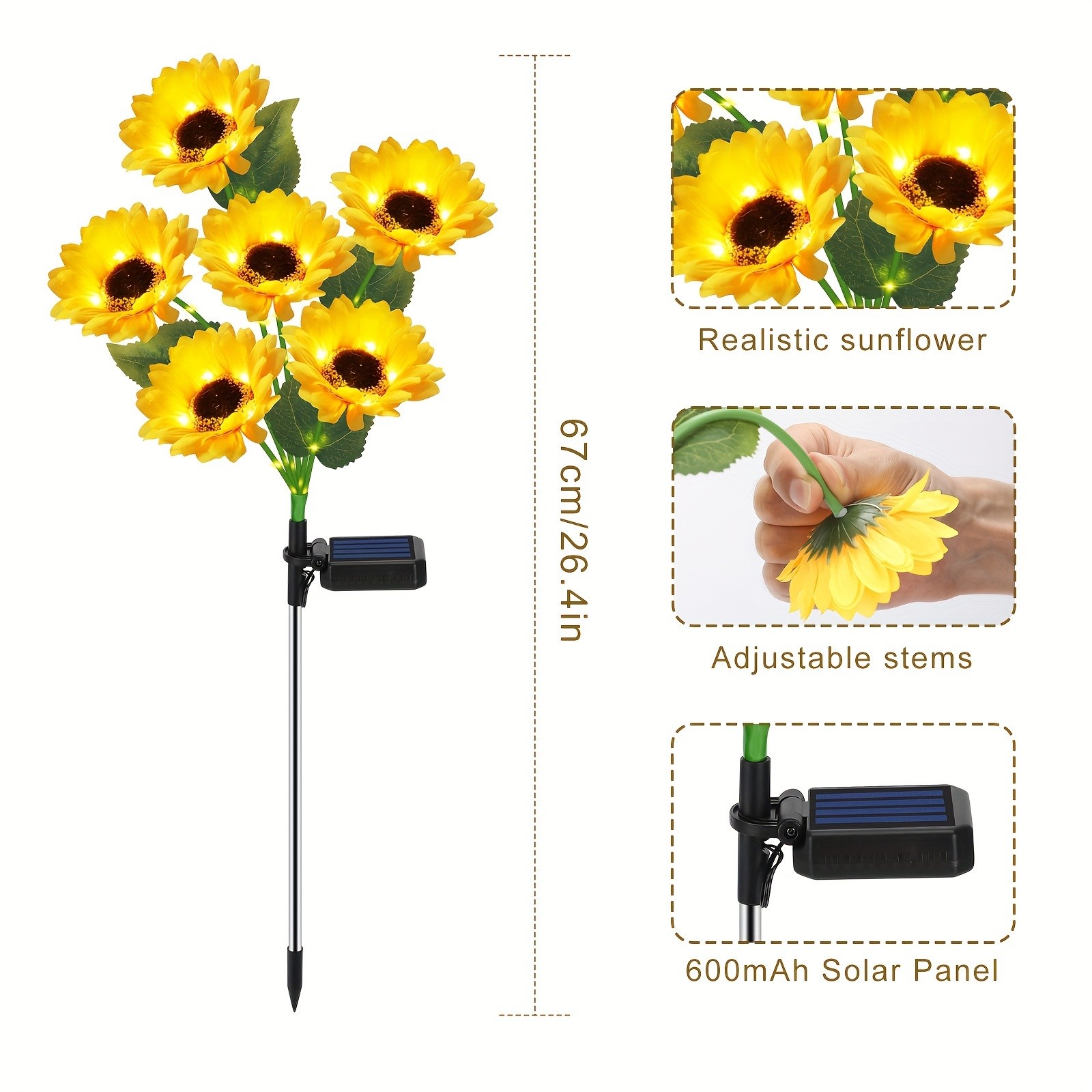 Solar-Powered Sunflower Garden Stakes – 2 Packs of 6 LED Sunflower Lights for Outdoor Decorations