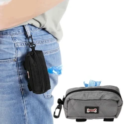 Walking the dog to pick up a poop bag