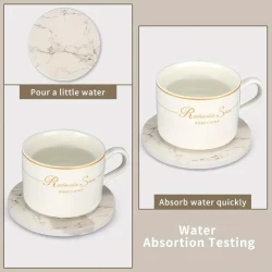 6pcs White Marble Ceramic Coaster Set with Golden Holder