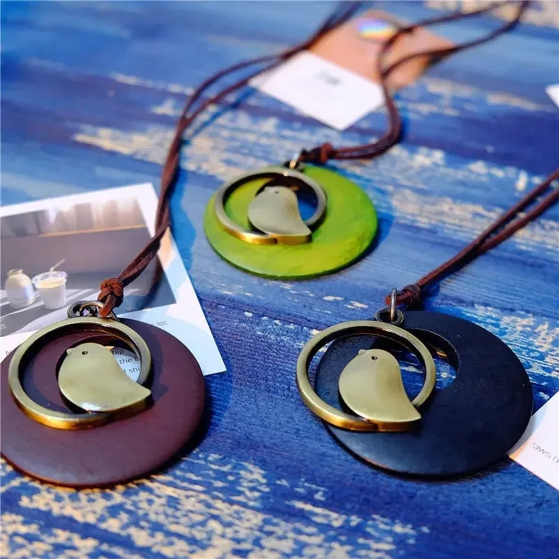 Wooden bird pendant long necklace