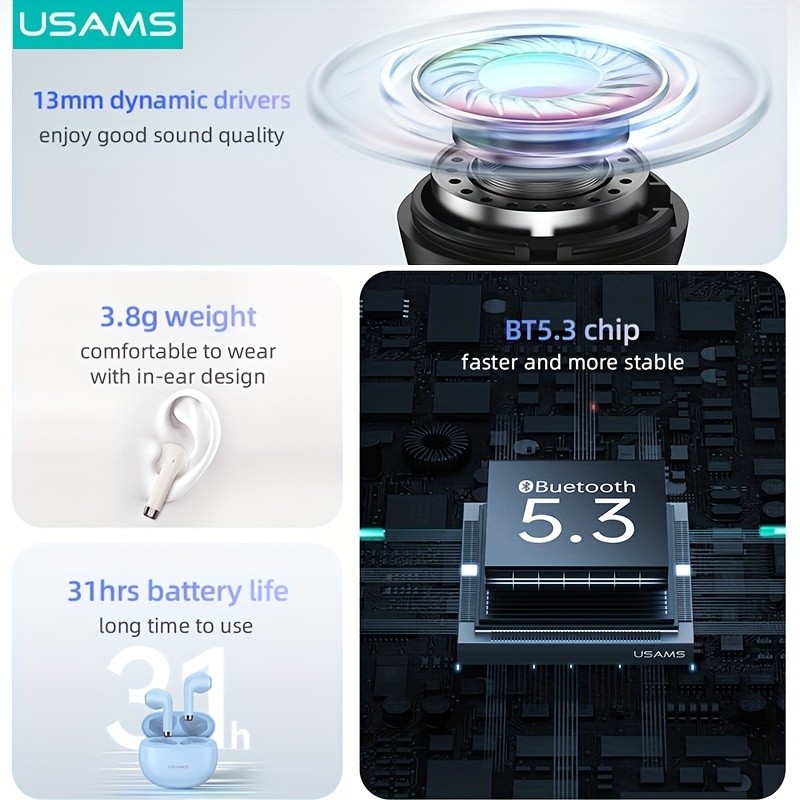 USAMS TureTWS Wireless Earphones – BT 5.3, Ultra Mini Size, Sports In-Ear Earbuds, Bass ACC 3D Surround Sound, Model USAMS-YO17