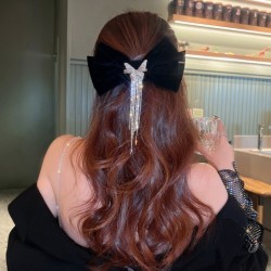 High-end Light Luxury Black Velvet Bow Tassel Hair Clip