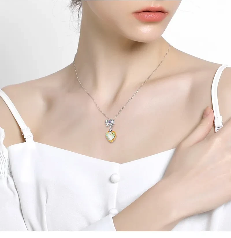 Sunshine Golden Yellow Heart Crystal Pendant Sterling Silver 925 Bow Necklace Bracelet Diy Pendant