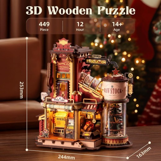 ROBOTIME Gift Factory 3D Puzzle Wooden Model Kits For Adults DIY Retro Vintage Toy Production Construction Craft Kit Luminous Factory With Music Lights And 5 Elves For Kids Teens Adults