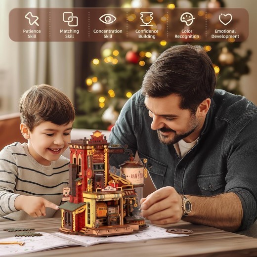 ROBOTIME Gift Factory 3D Puzzle Wooden Model Kits For Adults DIY Retro Vintage Toy Production Construction Craft Kit Luminous Factory With Music Lights And 5 Elves For Kids Teens Adults