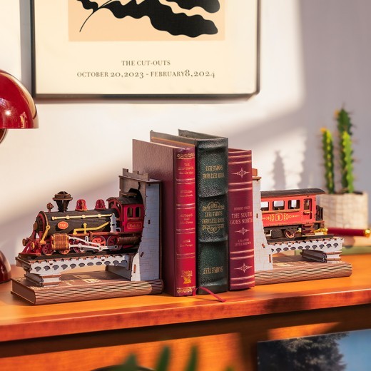ROBOTIME Book Nook Book Ends Kits Century Train DIY Booknook 3D Wooden Puzzle Model Kit Bookend Bookshelf Decoration Gifts For Adults Kids Teens