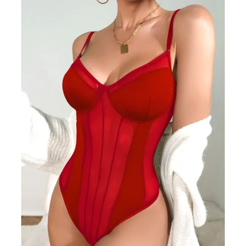 Women’s Fashion Simple Mesh Patchwork Bodysuit - Chic and Stylish Bodysuit for Casual and Night Out Wear