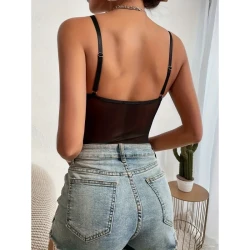 Women’s Fashion Simple Mesh Patchwork Bodysuit - Chic and Stylish Bodysuit for Casual and Night Out Wear
