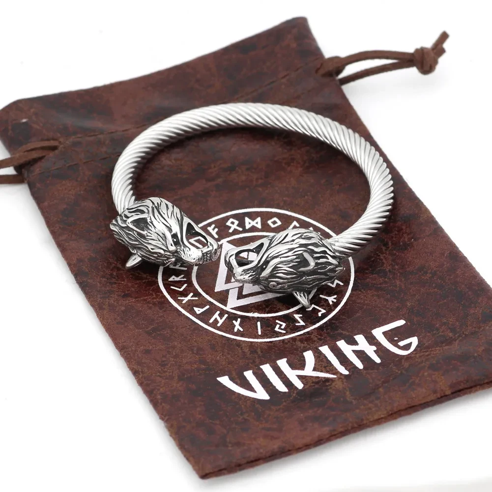 Viking Steel Color Double Wolf Head Bracelet Vintage Men's