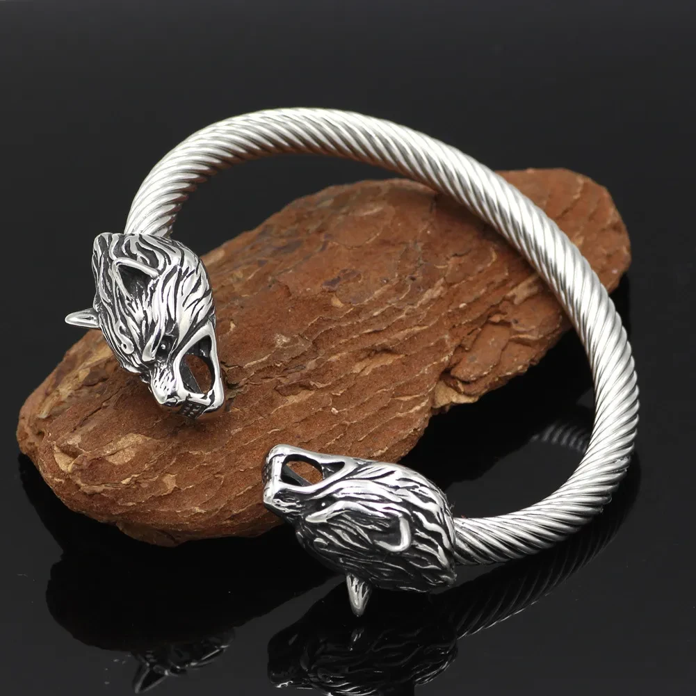Viking Steel Color Double Wolf Head Bracelet Vintage Men's