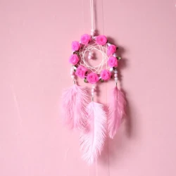 Women's Dreamcatcher Wind Chimes – Pink Ostrich Feather Ornaments with Decorative Lights for Room Decoration