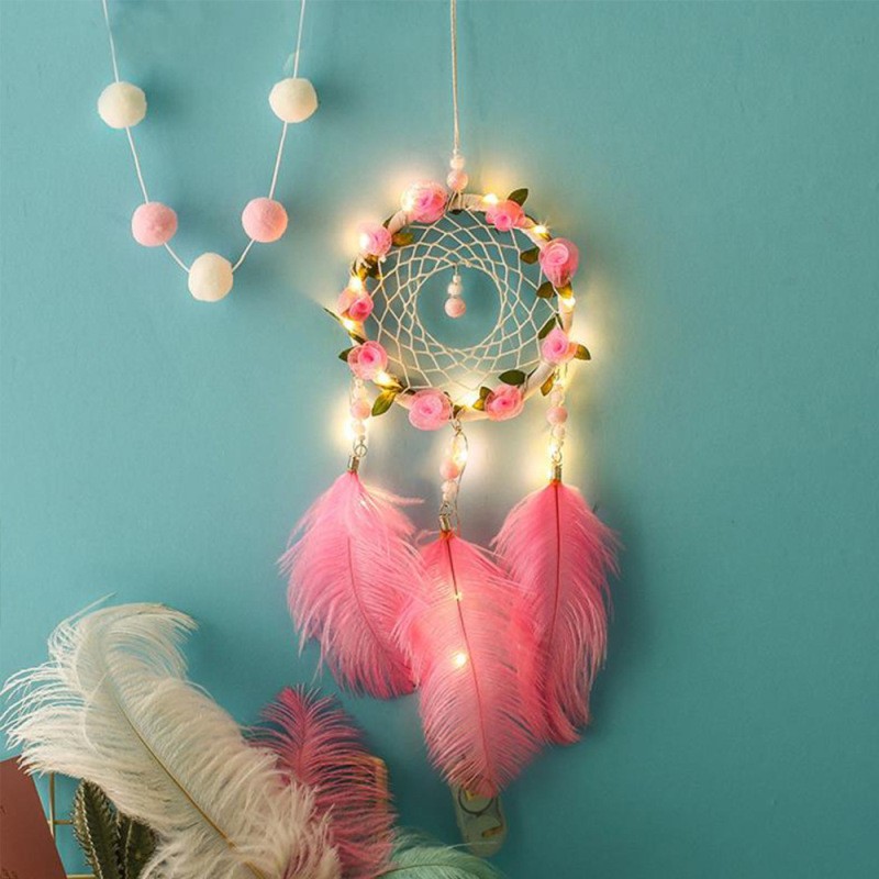 Women's Dreamcatcher Wind Chimes – Pink Ostrich Feather Ornaments with Decorative Lights for Room Decoration