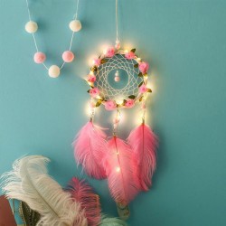 Women's Dreamcatcher Wind Chimes – Pink Ostrich Feather Ornaments with Decorative Lights for Room Decoration