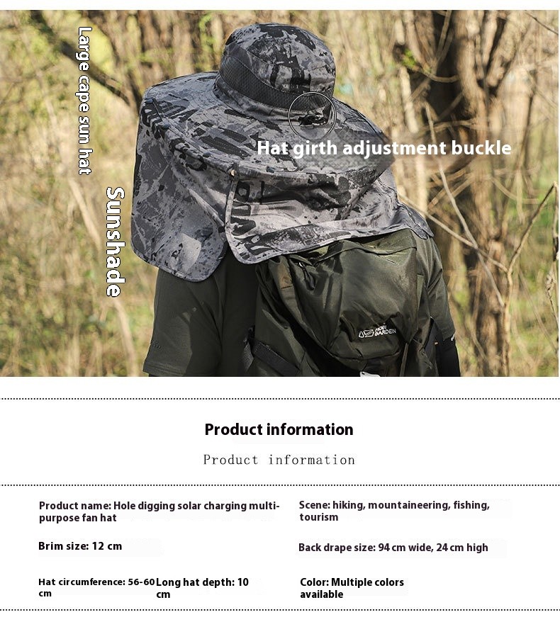 Wide Brim Solar Fan Outdoor Fishing Hat-Solar & USB Charging