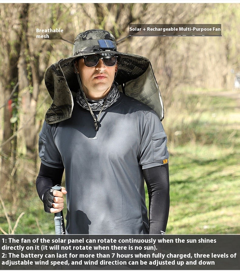 Wide Brim Solar Fan Outdoor Fishing Hat-Solar & USB Charging