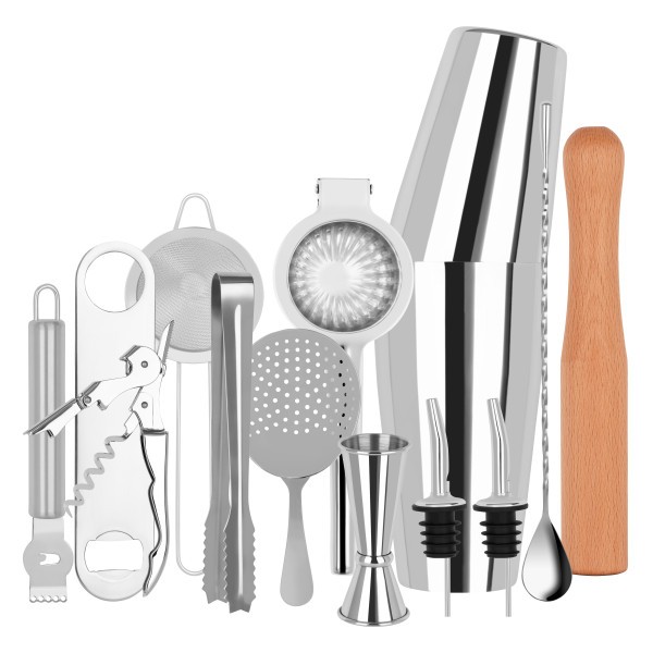 Cocktail Set 14pc Stainless Steel In Bartender Roll - Zanzi