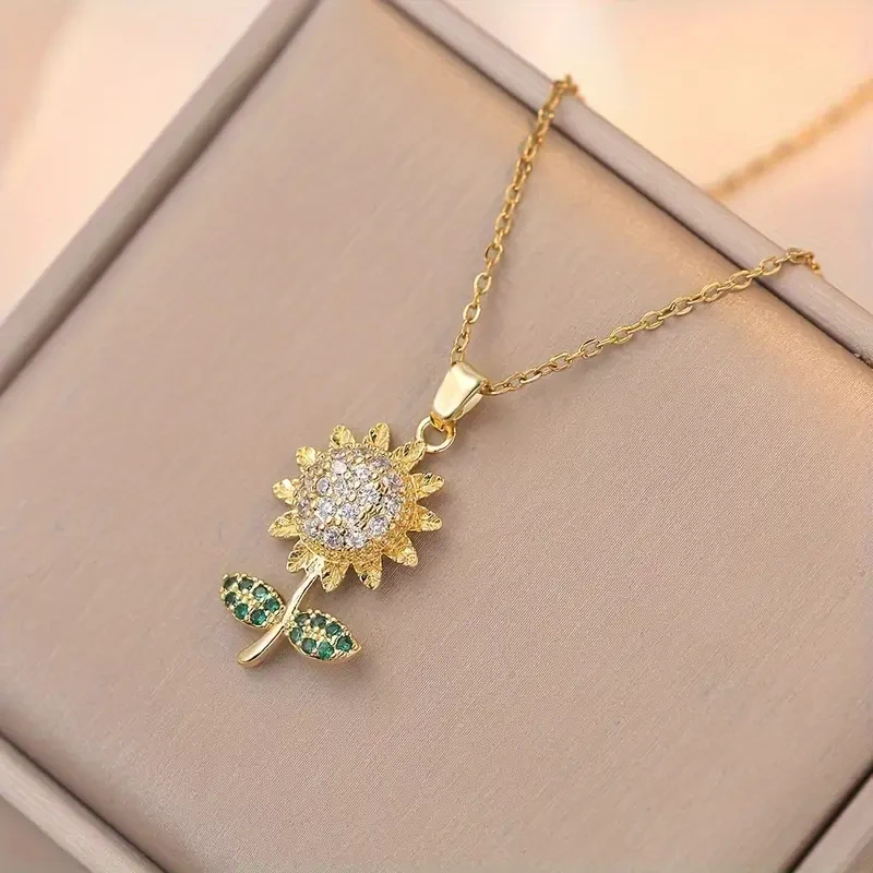 Elegant Sunflower Pendant Necklace for Women – 18K Golden Plated, Titanium Steel with Cubic Zirconia Accents – Perfect Gift for Her