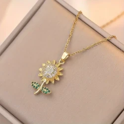 Elegant Sunflower Pendant Necklace for Women – 18K Golden Plated, Titanium Steel with Cubic Zirconia Accents – Perfect Gift for Her