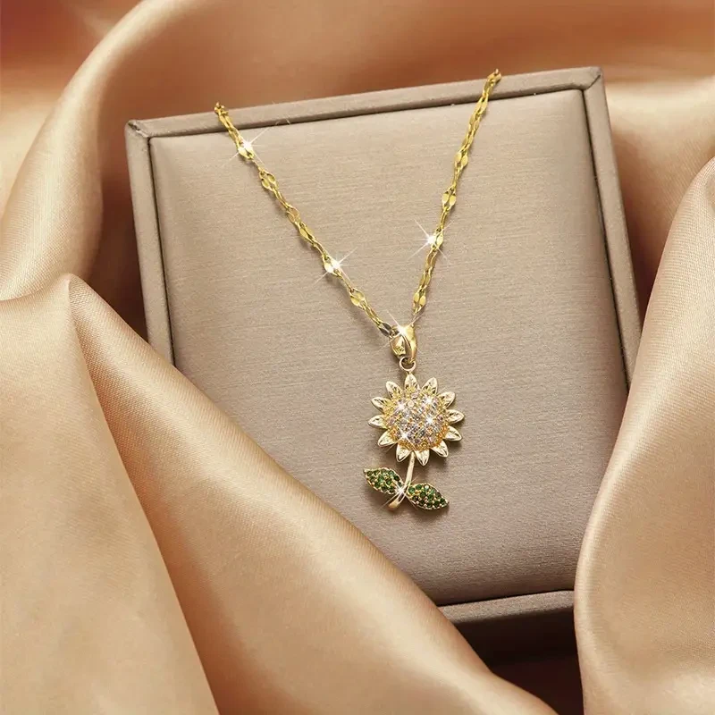 Elegant Sunflower Pendant Necklace for Women – 18K Golden Plated, Titanium Steel with Cubic Zirconia Accents – Perfect Gift for Her