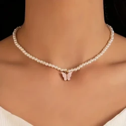 Elegant Women's Faux Pearl Necklace with Pink Butterfly Pendant – Chic Alloy Clavicle Chain, Perfect for Weddings & Everyday Elegance