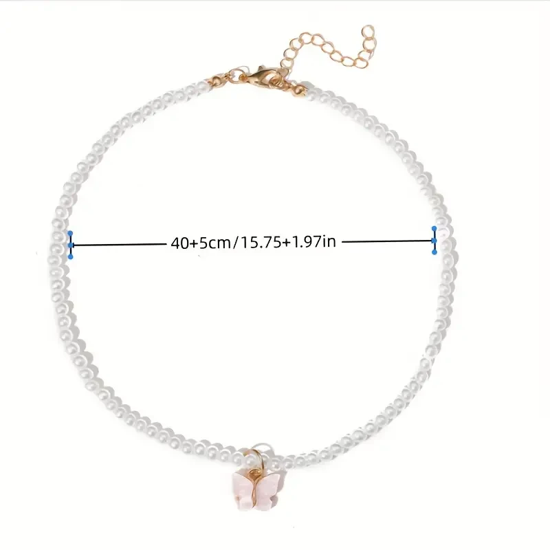 Elegant Women's Faux Pearl Necklace with Pink Butterfly Pendant – Chic Alloy Clavicle Chain, Perfect for Weddings & Everyday Elegance