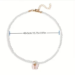 Elegant Women's Faux Pearl Necklace with Pink Butterfly Pendant – Chic Alloy Clavicle Chain, Perfect for Weddings & Everyday Elegance