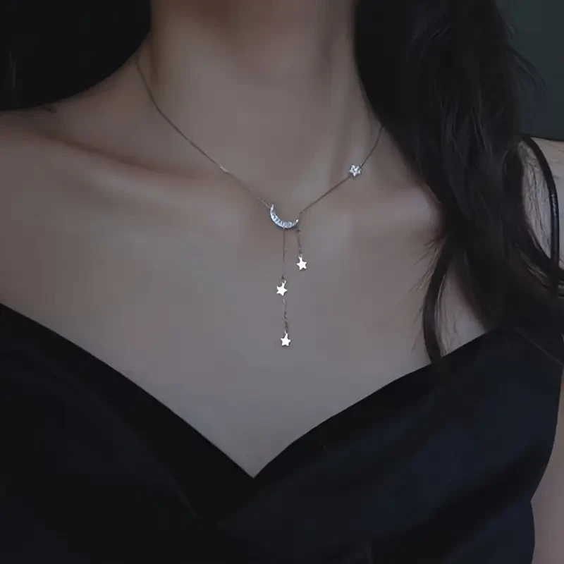 Elegant Tassel Star Moon Necklace – Minimalist Style, Fashion Necklace for Women, Perfect Birthday Gifts, New Year, Valentine's Day Gifts, Eid al-Fitr, Ramadan
