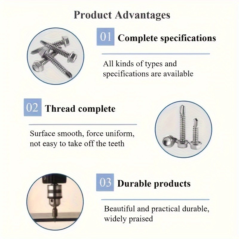 250pcs 410 Stainless Steel #8 Self-Tapping TEK Screws Assortment Kit – Hexagon Self-Drilling Screws for Metal, Furniture, Building & Repairing with Hex Washer Head, Includes Hex Nut Driver