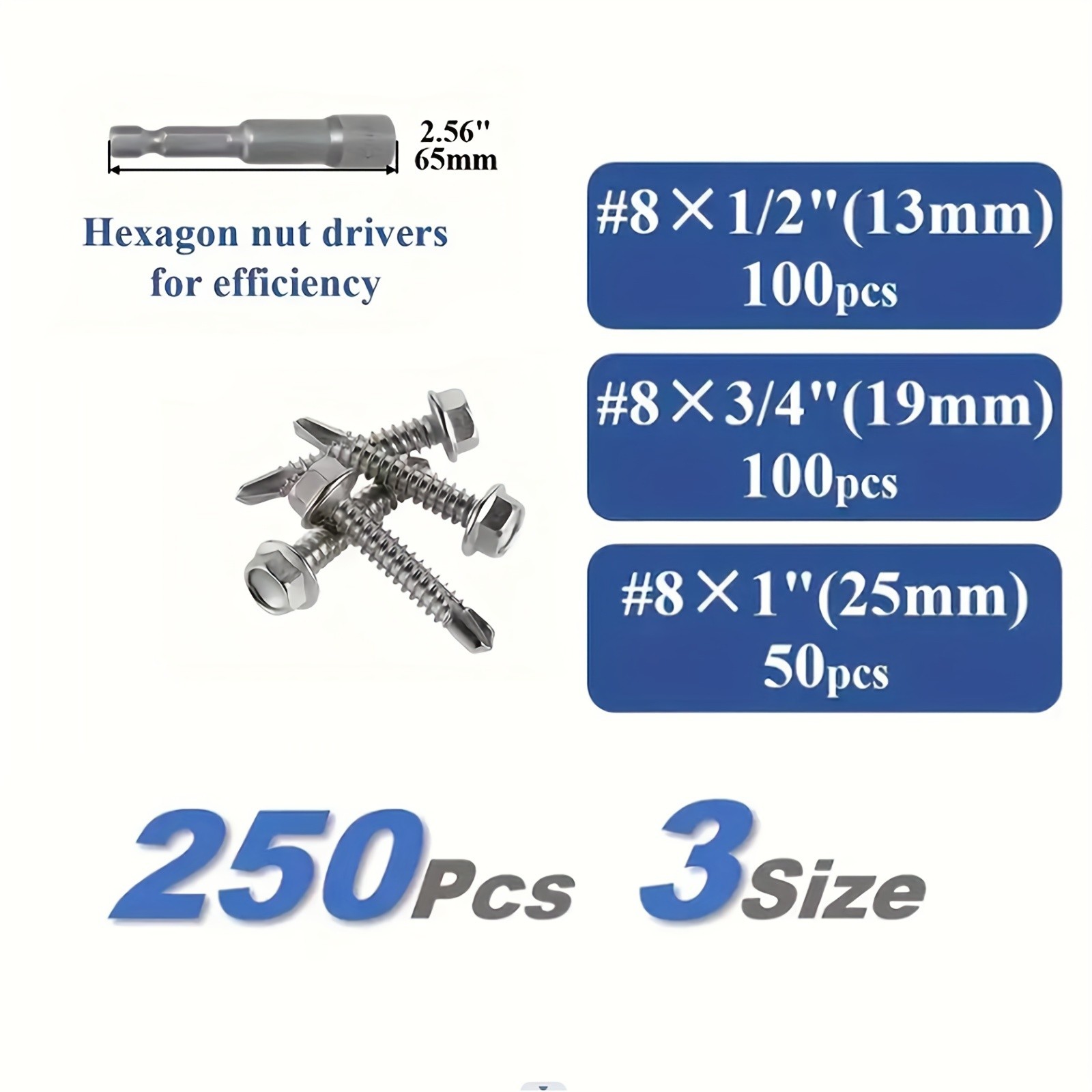 250pcs 410 Stainless Steel #8 Self-Tapping TEK Screws Assortment Kit – Hexagon Self-Drilling Screws for Metal, Furniture, Building & Repairing with Hex Washer Head, Includes Hex Nut Driver