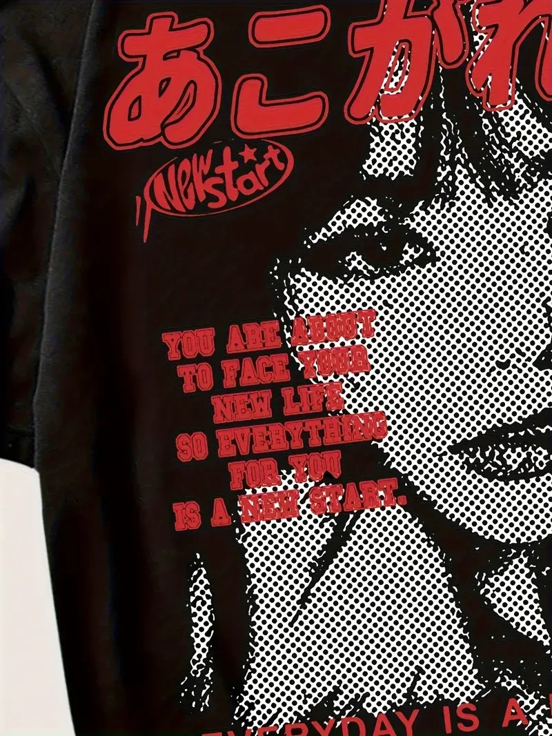 Y2K Oversized Graphic T-Shirt – Japanese Letter & Figure Print Crew Neck Tee for Women | Casual Streetwear for Summer & Spring